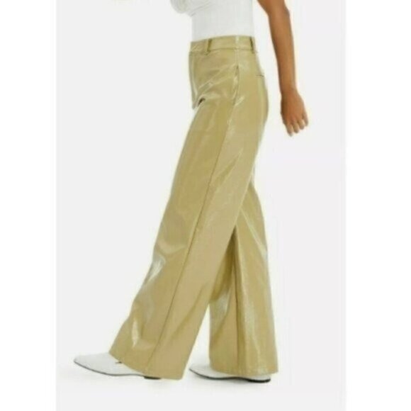 NWT Danielle Bernstein Faux Leather Pants Size 4 Olive Patent High Waisted - Picture 2 of 3
